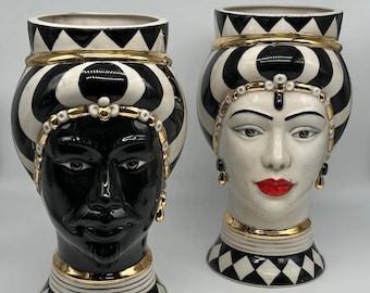 Moor's Heads Token Ceramic Caltagirone cm H.31 L.18 Handcrafted White Black Gold