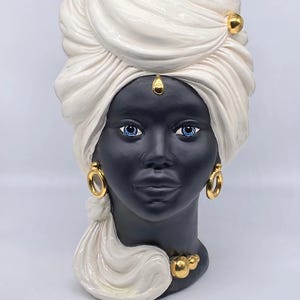 Teste di Moro Anubi Ceramica Caltagirone cm H.40 L.25 Artigianale Bianco Nero Oro DD CERAMICHE SICILIANE