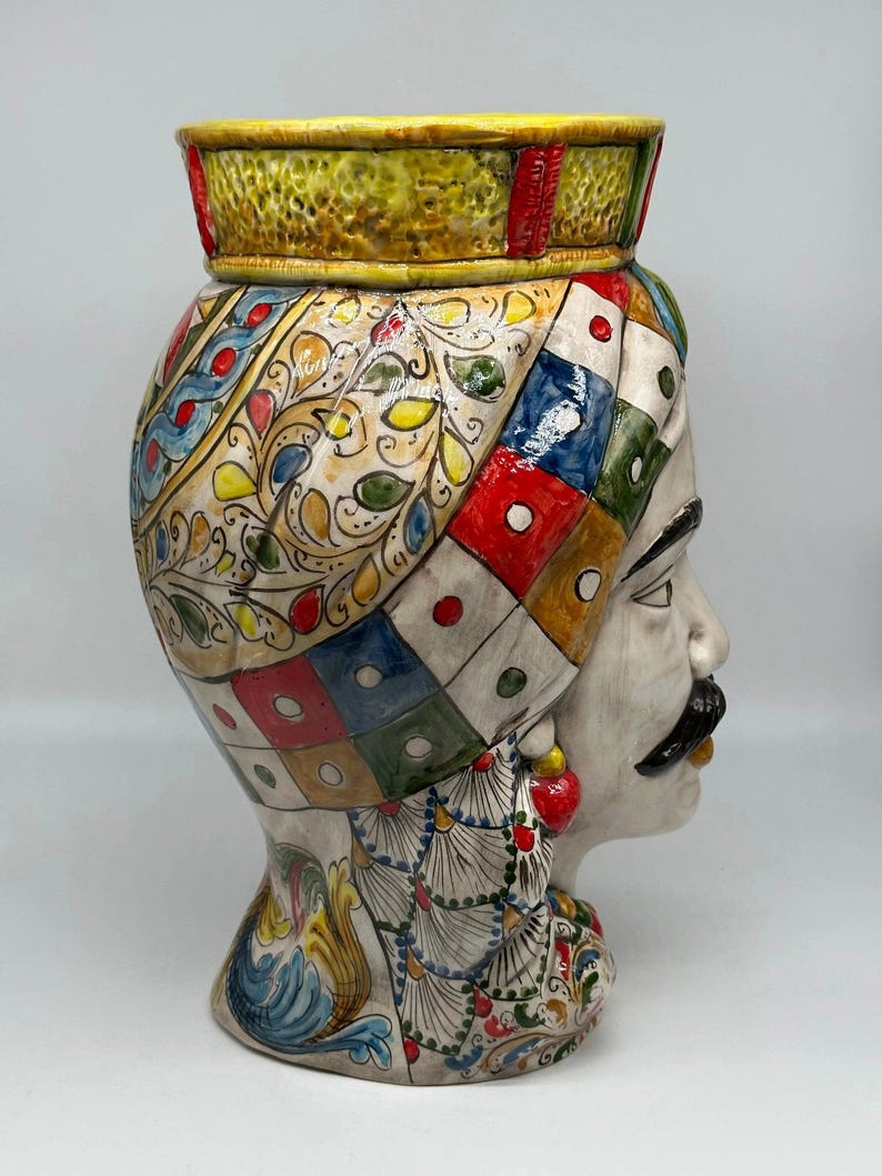 Teste di Moro Saturno Ceramica Caltagirone cm H.37 L.22 Artigianale Decoro “Carretto” DD CERAMICHE SICILIANE