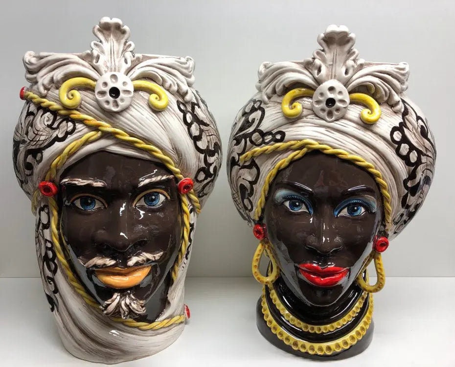 Moorish Moorish Heads Caltagirone Ceramic cm H.49 L.33 Handcrafted Baroque Decoration Yellow details