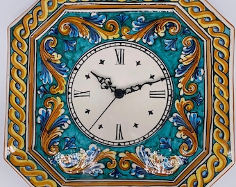 Caltagirone Ceramic Wall Clock Octagonal Hand Painted 32 cm Decoration n.4