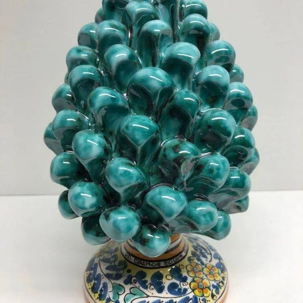 Caltagirone Ceramic Pine Cone cm H.20 Artisan Water Green Base Decorated with Flowers
