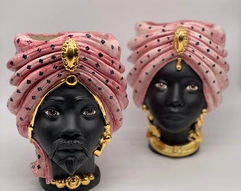 Moorish Heads Atena Ceramic Caltagirone cm H.24 L.18 Handcrafted Pink Pois Black Gold