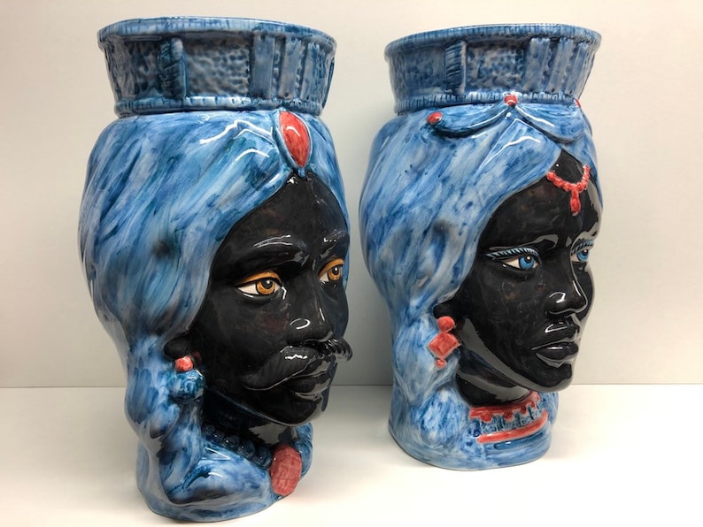 Sicilian Heads Ceramics of Craft Caltagirone cm H.38 L.24 Crown Straight Ancient Blue Turban