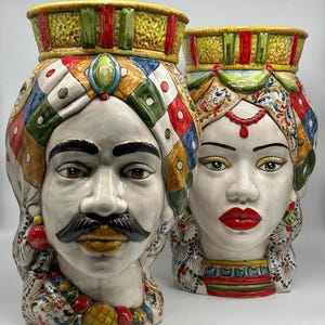 Teste di Moro Saturno Ceramica Caltagirone cm H.37 L.22 Artigianale Decoro “Carretto” DD CERAMICHE SICILIANE