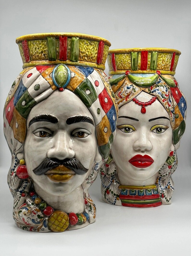 Teste di Moro Saturno Ceramica Caltagirone cm H.37 L.22 Artigianale Decoro “Carretto” DD CERAMICHE SICILIANE