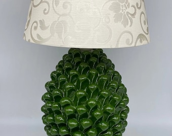 Caltagirone Ceramic Pigna Lamp cm H.30 Handmade Olive Green Decorated Base