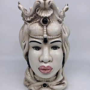 Teste di Moro Emiro Ceramica Caltagirone cm H.30 L.18 Artigianale Écru Sfere Nero DD CERAMICHE SICILIANE