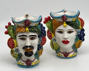 Pair of Moor Heads Fruit Ceramic Caltagirone cm H.15 L.12 Handcrafted