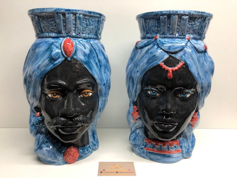 Sicilian Heads Ceramics of Craft Caltagirone cm H.38 L.24 Crown Straight Ancient Blue Turban