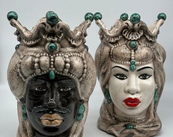 Emiro Moor's Heads Caltagirone Keramik cm H.30 L.18 Handgefertigte ecrugrüne Kugeln