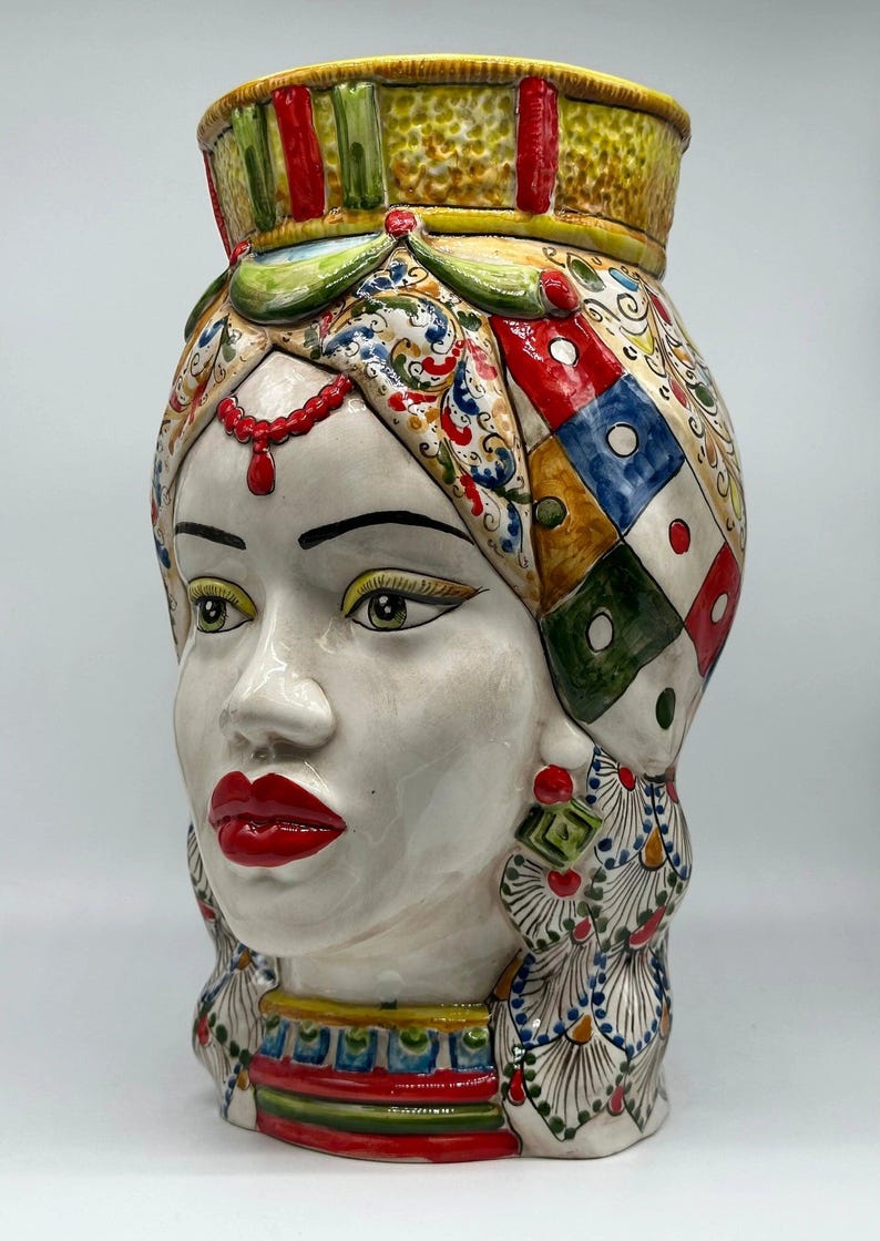 Teste di Moro Saturno Ceramica Caltagirone cm H.37 L.22 Artigianale Decoro “Carretto” DD CERAMICHE SICILIANE