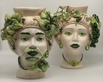 Mediterranean Moor's Heads Caltagirone Ceramic cm H.29 L.22 Handcrafted Bicolor Green