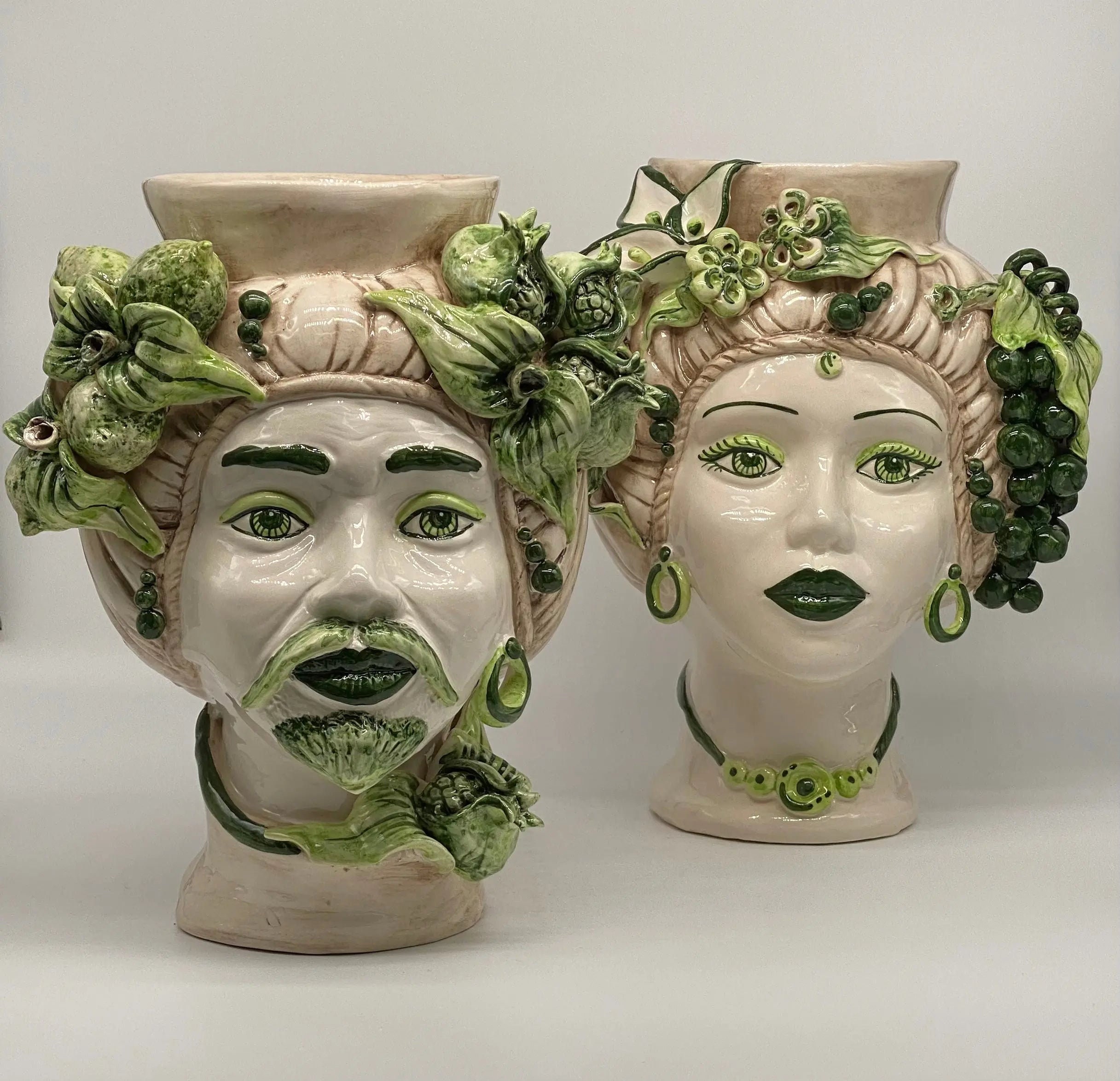 Mediterranean Moor's Heads Caltagirone Ceramic cm H.29 L.22 Handcrafted Bicolor Green