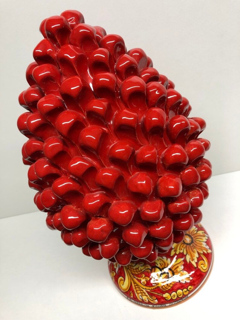 35 Handmade Red with Decorated Base Lily Pigna Ceramica di Caltagirone cm H