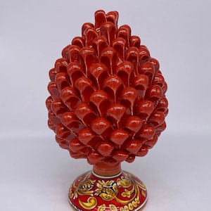Caltagirone Ceramic Pine Cone cm H.25 Handmade Red Decorated Base