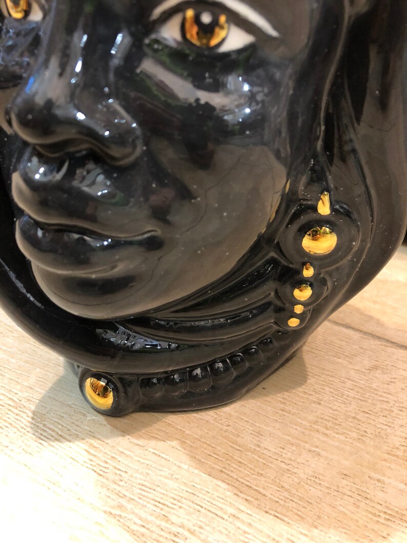 17 Black Artisan with Gold details Sicilian Heads Ceramic Caltagirone cm H 25 L