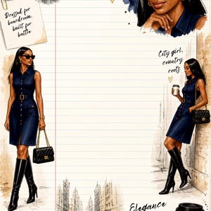 Op de afbeelding: Een gelinieerd briefpapier met illustraties van een persoon in een donkerblauwe jurk en zwarte laarzen, een gele taxi en stadssilhouetten. De tekst bevat: Poise under pressure, Dressed for boardroom, built for battle, City girl, country roots, Elegance is a decision, PLAN, EXECUTE, ELEVATE en DISCIPLINE FOCUS FREEDOM.