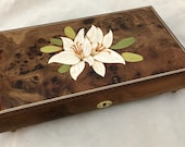 Lily Music Box, Hand Crafted Wooden Musical Jewelry Box with Lilies Inlaid Marquetry, Musical Jewellery Box in Burr Elm Wood