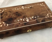 J5A Hand Crafted Wooden Musical Jewelry Box with Scroll Inlaid Marquetry, Musical Jewellery Box in Burr Elm Wood