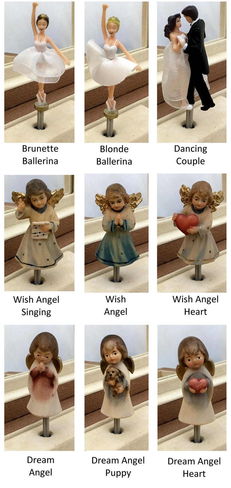 Op de afbeelding: Een verzameling miniatuurbeeldjes, waaronder ballerina's, een dansend stel en engelen. De beeldjes staan in verschillende poses, sommige houden voorwerpen vast zoals een hart of een puppy. De tekst op de afbeelding luidt "Brunette Ballerina", "Blonde Ballerina", "Dancing Couple", "Wish Angel Singing", "Wish Angel", "Wish Angel Heart", "Dream Angel", "Dream Angel Puppy" en "Dream Angel Heart".