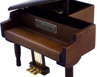 Miniatura de caixa de música em forma de piano, com uma grande variedade de melodias à escolha, feita à mão em madeira.