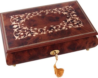 Hand Made Wooden Musical Jewellery Box with Inlaid Scroll Marquetry, Wood Music Box, Choice of 18, 30 or 36 note movement size options