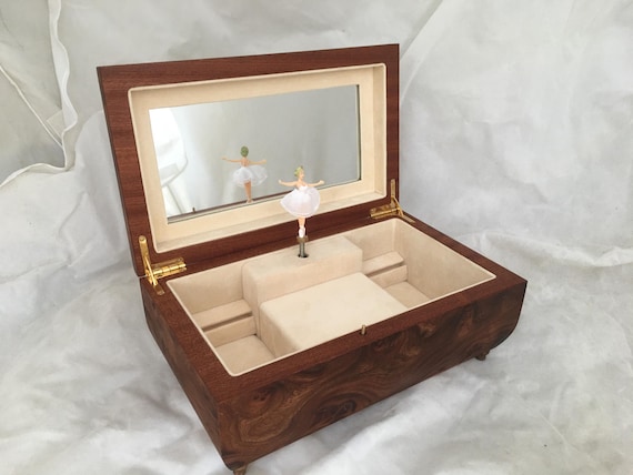 Hand Crafted Inlaid Wood Ballerina Music Box, Wooden Musical Jewellery Box with turning figure inside
