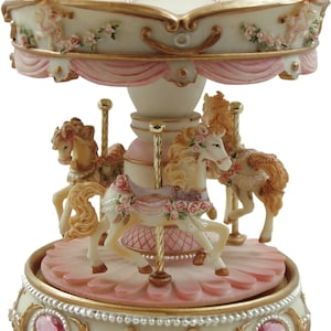 Small Musical Carousel, Melodie in Pink, Sapphire in Blue, Finely crafted carousel music box painted in pastel shades and gold highlights