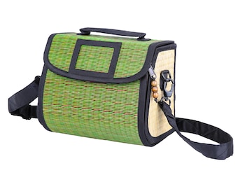 Fair Trade Made In Cambodia Collapsible Placemat Germ Free Lunch Bag Box W/ Recycled Rice Bag Liner - Topperware Excluded - Green Brown
