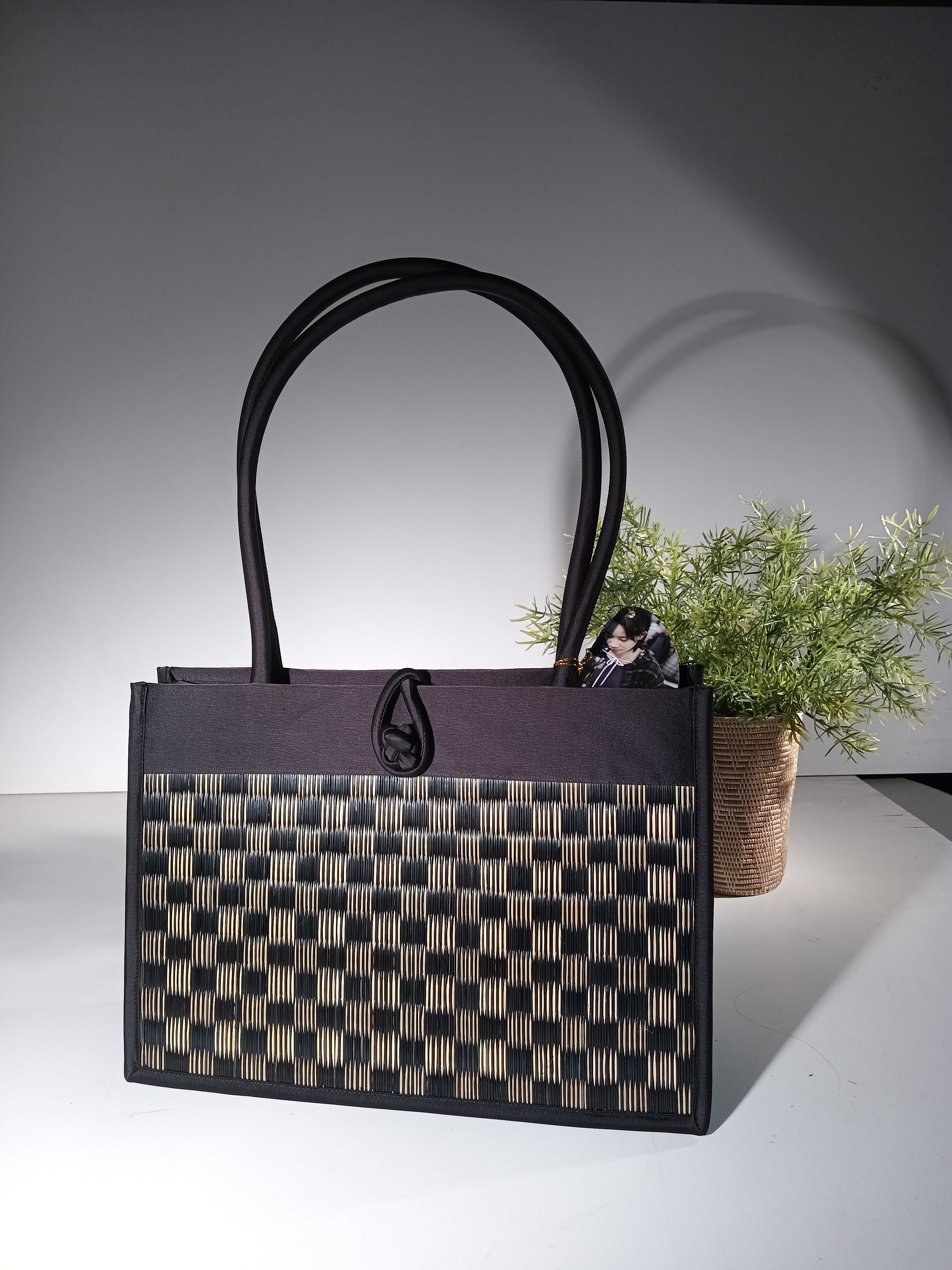 Xuan (Spring) Sustainable Fair Trade Office Work Tote Shoulder Bag Purse w/ Top Handle \u0026 Zipper Closure Made in Cambodia - Black Checkered, image size:2250x3000