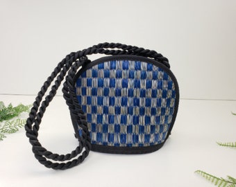 Fair Trade Woven Clamshell Top Handle Coastal Travel Bag Made In Cambodia With Zipper Closure - Blue Checkered