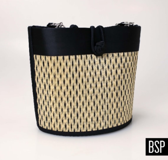 Original Cambodia Ergonomic Hand Sewn/ Hand Woven Shoulder Bag Petite Curved  Purse W/ Braided Strap & YKK Zipper Closure  - Black Speckled
