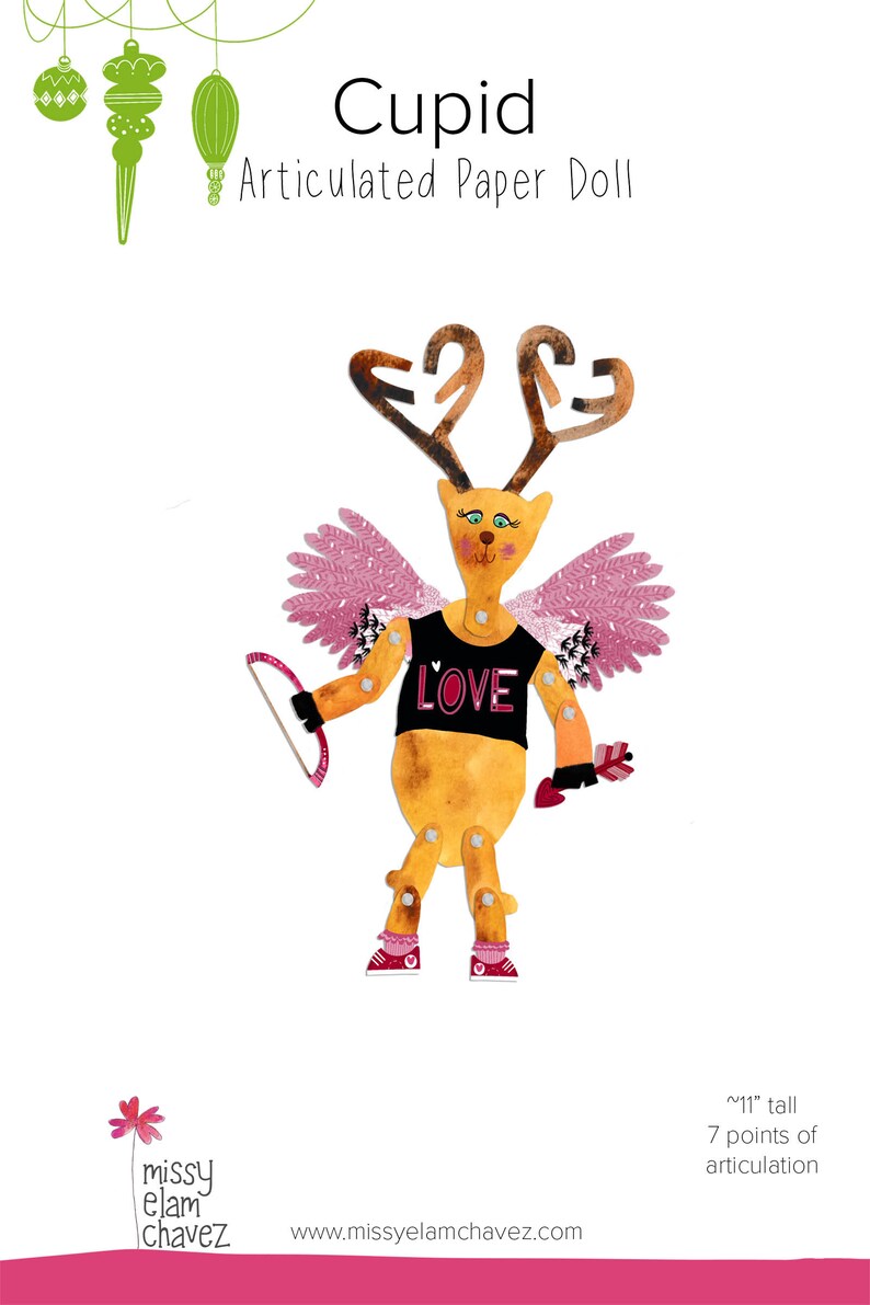 Cupid Reindeer Christmas Paper Decoration, Articulated Paper Doll, Reindeer Present Topper. Girl Reindeer mantel decor for kid-friendly