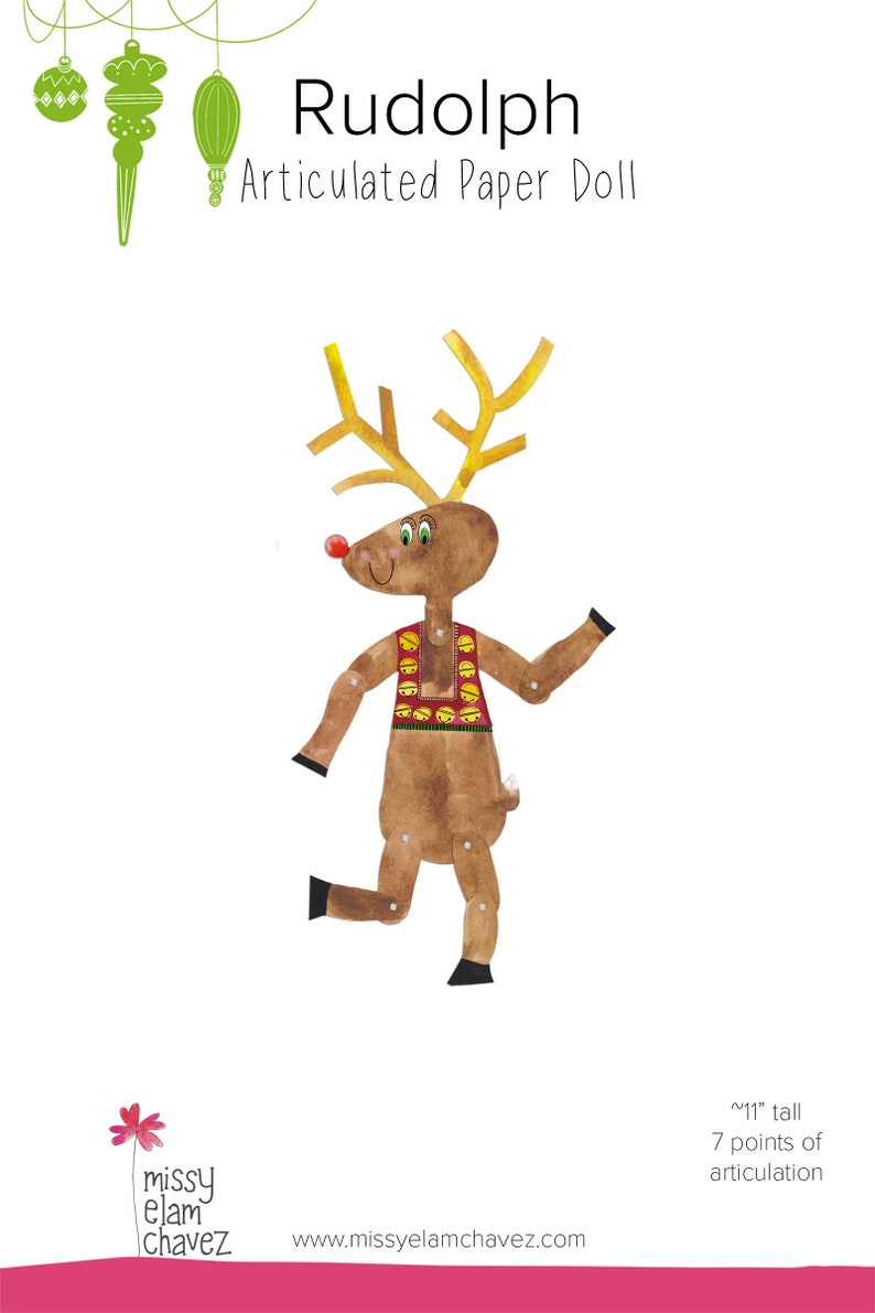 Rudolph Reindeer Christmas Paper Decoration, Articulated Paper Doll, Reindeer Present Topper. Rudolph the red nosed Reindeer mantel decor