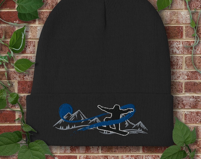 Snowboard Beanie Embroidered | Original Art Mountain and Snowboard Hat, Sweet Gift for Snowboarders and Mountain Riders