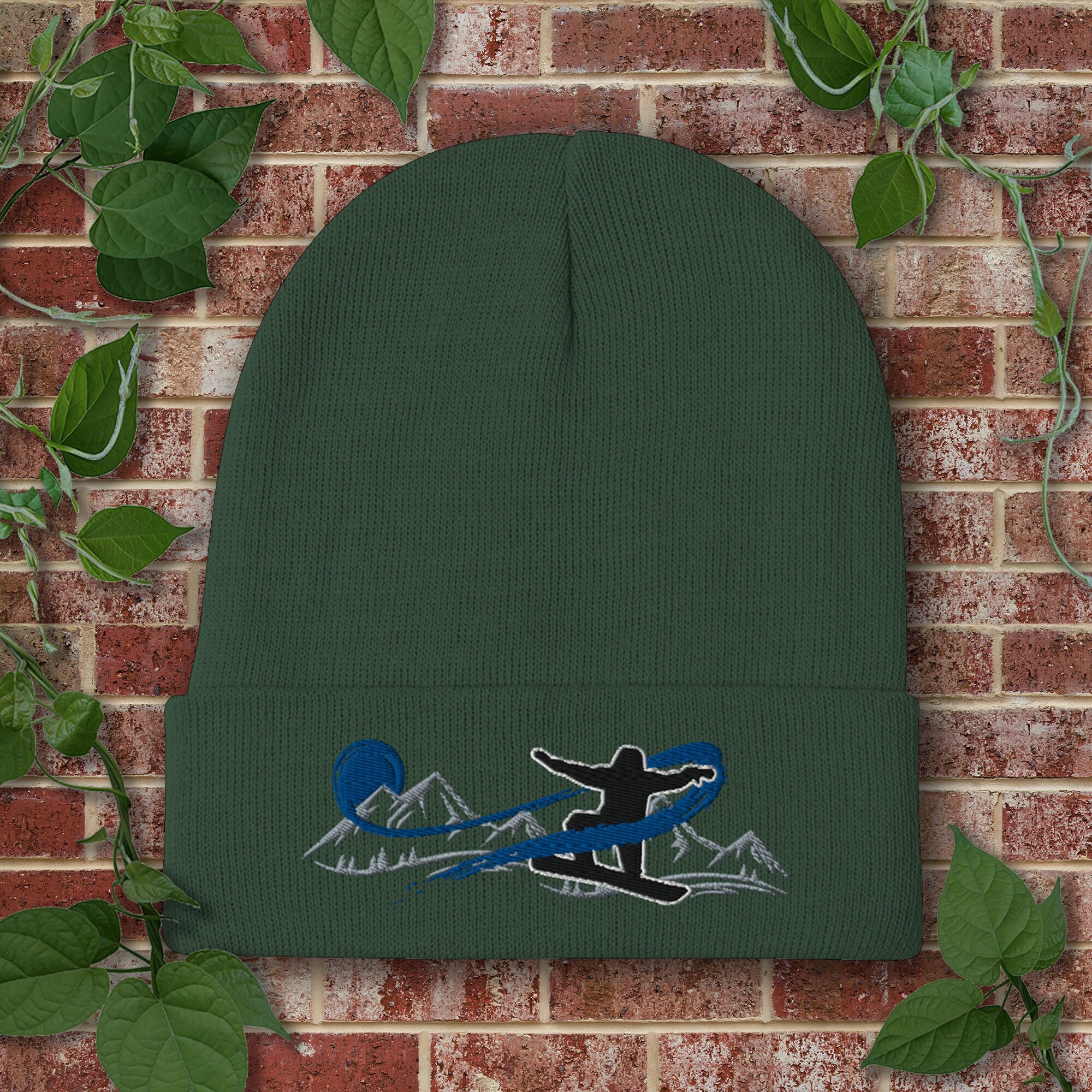 Snowboard Beanie Embroidered Original Art Mountain and Snowboard Hat, Sweet Gift for