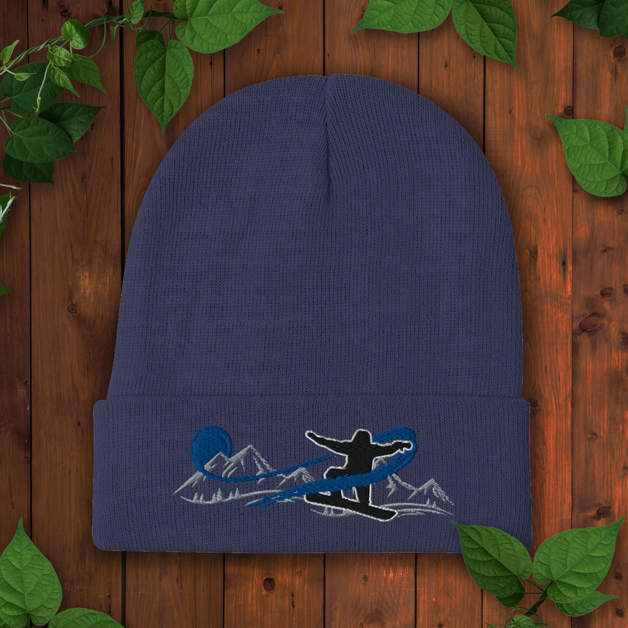 Snowboard Beanie Embroidered Original Art Mountain and Snowboard Hat, Sweet Gift for