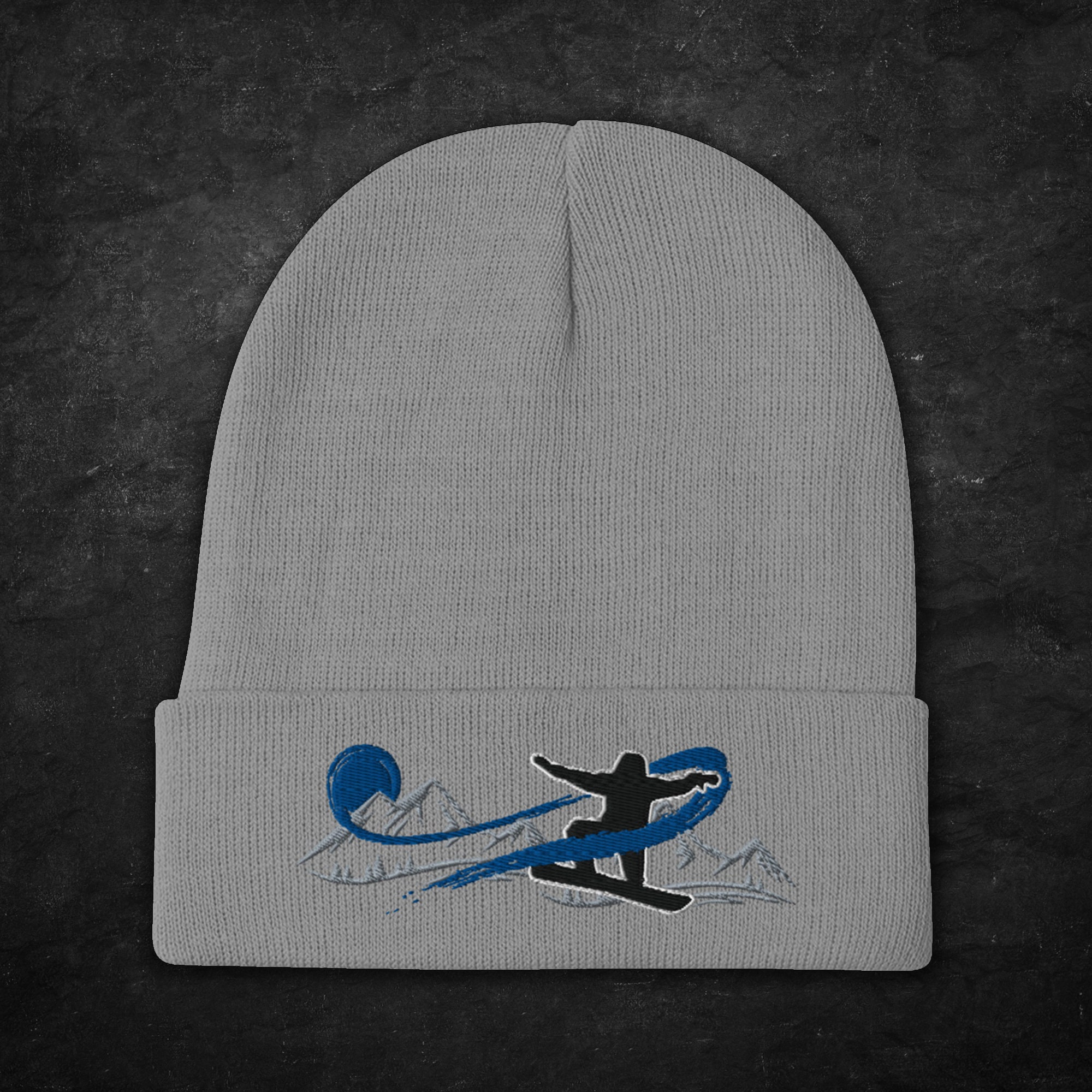 Snowboard Beanie Embroidered Original Art Mountain and Snowboard Hat, Sweet Gift for