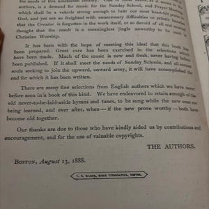 May include: An open book page with the title "PREFACE" at the top. The text is in black ink on aged, off-white paper. The date "BOSTON, August 13, 1888" is visible. The page contains text about music for Sunday School and Christian Worship.