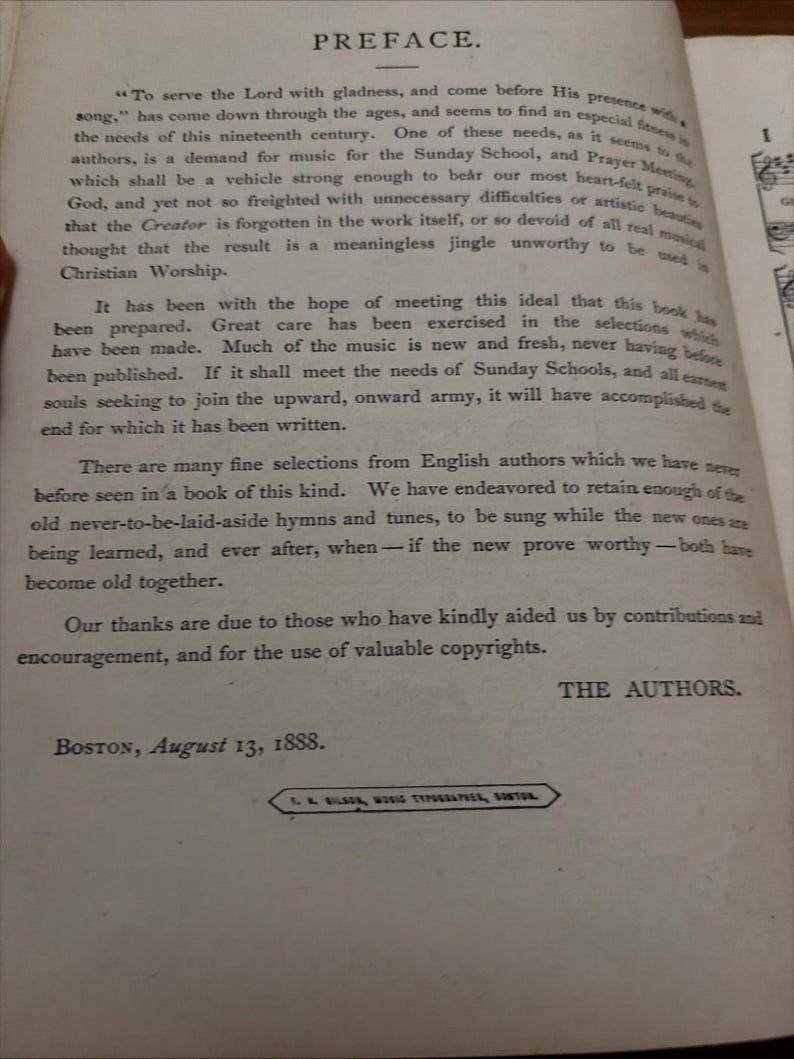 May include: An open book page with the title "PREFACE" at the top. The text is in black ink on aged, off-white paper. The date "BOSTON, August 13, 1888" is visible. The page contains text about music for Sunday School and Christian Worship.
