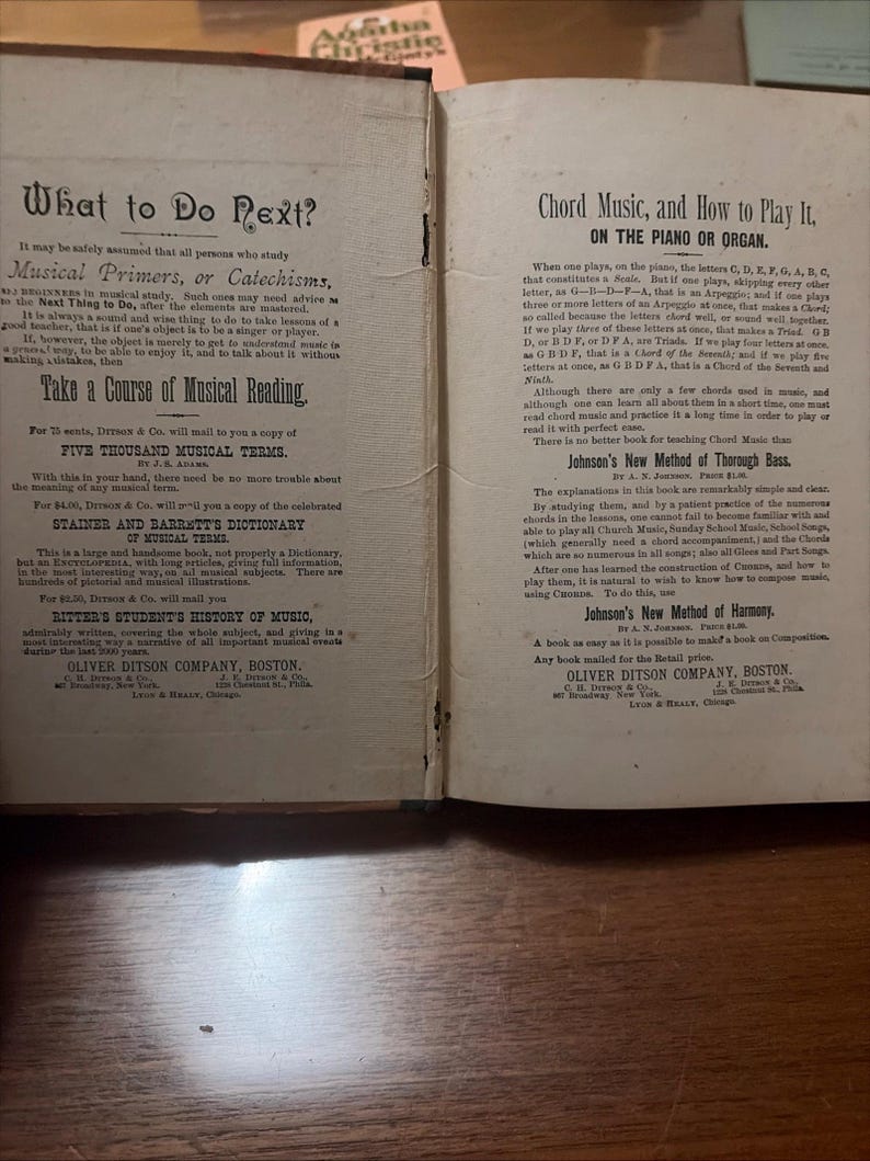 May include: Open book pages with text about music theory and instruction. The left page has the title "What to Do Next?" and the right page has "Chord Music, and How to Play It." The book is old with aged paper.