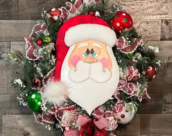 Christmas Santa Claus Wreath for Front Door, Merry Christmas Decor, Seasons Greetings Door Hanger