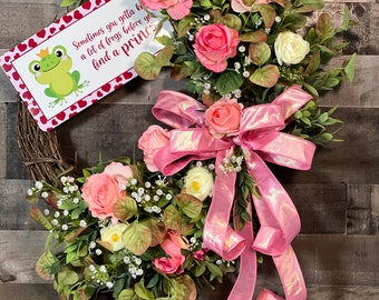 Valentine Wreath for Front Door, Kiss A Frog to Find A Prince Decor, Holiday Decor, Created by MaMa Sign