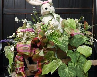 Easter Bunny Floral Arrangement, Peter Rabbit in a Wheelbarrow, Country Farmhouse Floral Decor