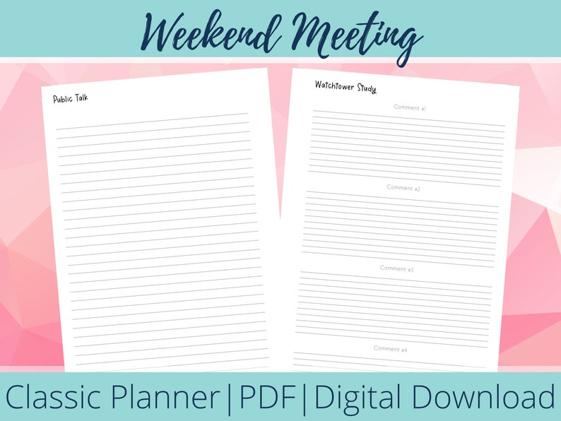 Classic Planner JW Weekend Meeting Notes Printable Etsy