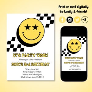 Smiley Face Birthday Invitation: Retro Checkered Party Invite (Digital Download, Custom Invite)