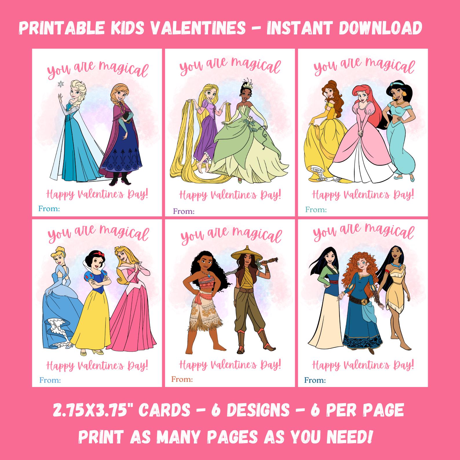 Princess Girls Valentine Cards, Printable Digital Valentines (instant ...