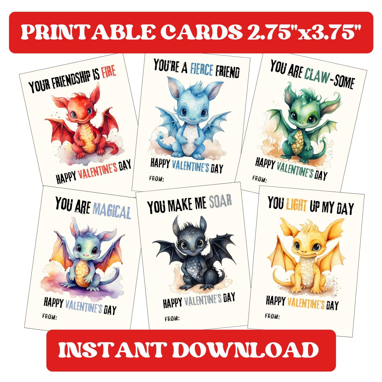 Dragon Valentines Day Cards, Printable Kids School Valentines, Class ...