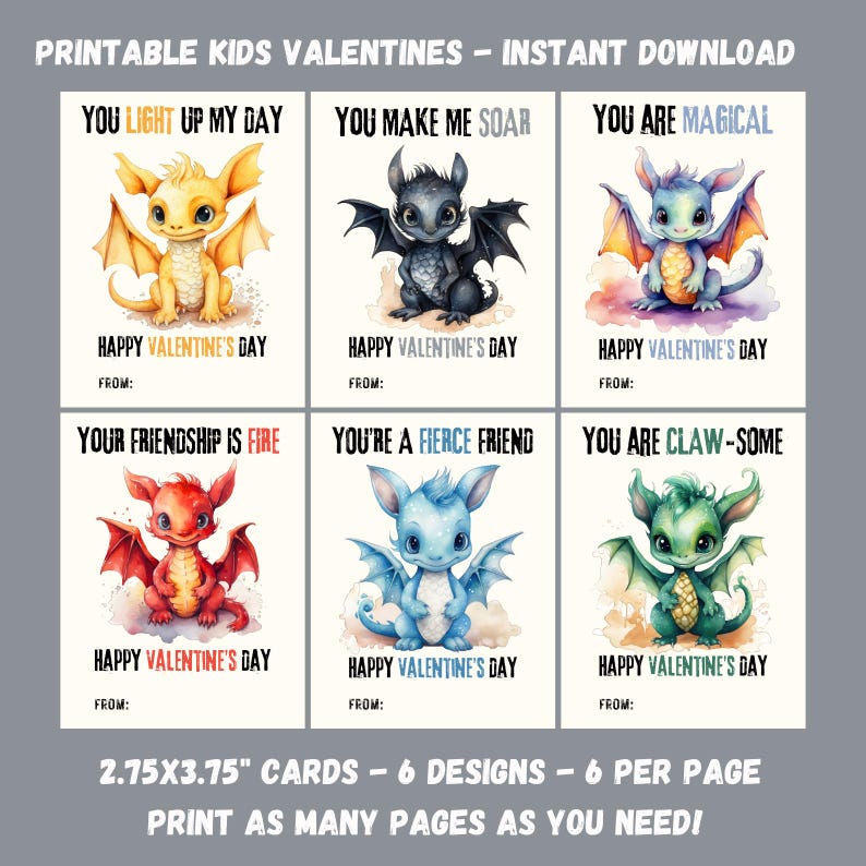 Dragon Valentines Day Cards, Printable Kids School Valentines, Class ...